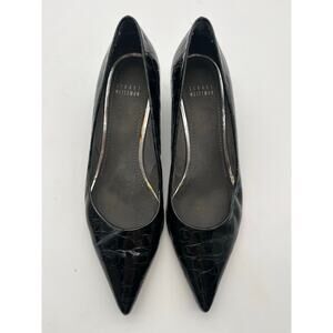 Stuart Weitzman Black patent leather kitten Croc Heels Capsule wardrobe Sz 9.5
